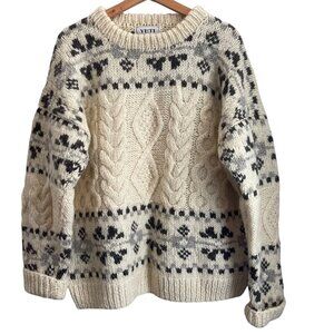 Yeti Nordic Fair Isle Fisherman Cable Knit Wool Sweater Size L Chunky Winter